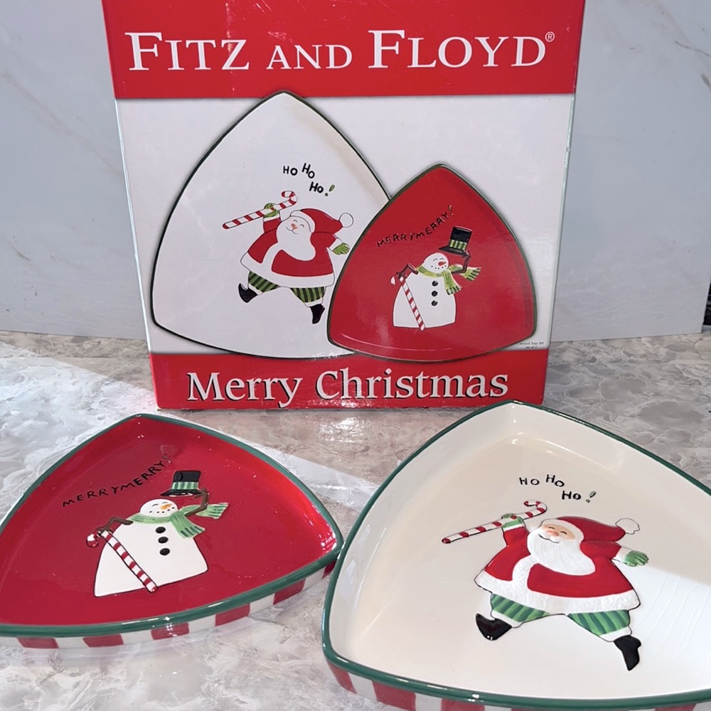 Fitz and Floyd merry Christmas triangle snowman and Santa nested tray set